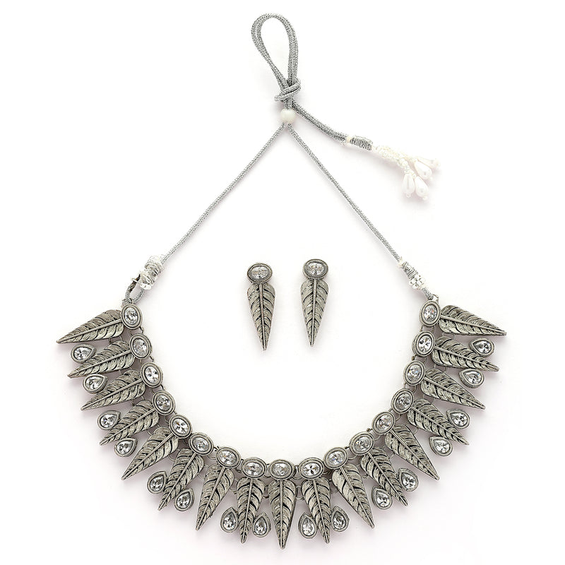 Oxidised Silver Leaf Shaped White Cubic Zirconia Stoned Studded Jewellery Set