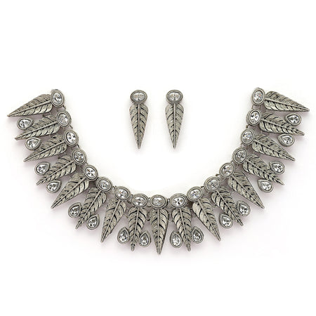 Oxidised Silver Leaf Shaped White Cubic Zirconia Stoned Studded Jewellery Set