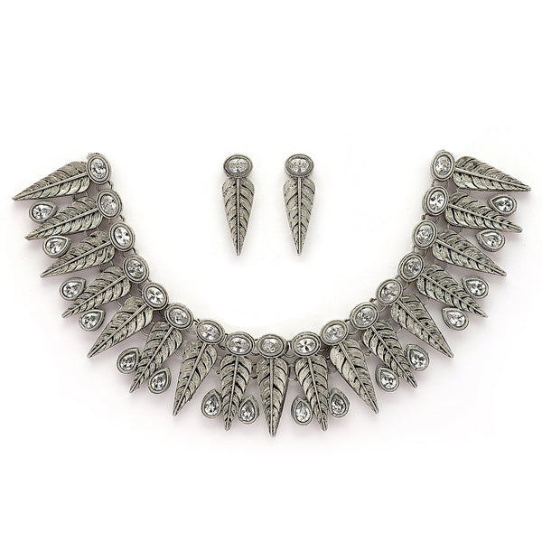 Oxidised Silver Leaf Shaped White Cubic Zirconia Stoned Studded Jewellery Set