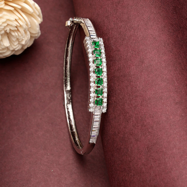Rhodium Plated Silver Toned Minimal Round Green American Diamond Studded Cuff Bracelet