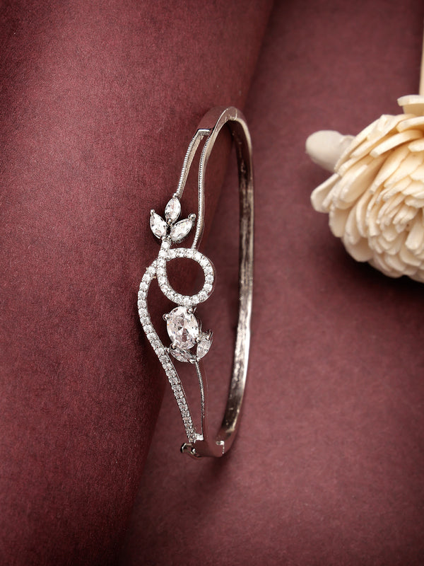 Rhodium Plated Silver Toned Nature Inspired White Oval American Diamond Studded Cuff Bracelet