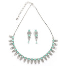 Rhodium Plated Silver Toned Sea Green And White American Diamond Studded Jewellery Set