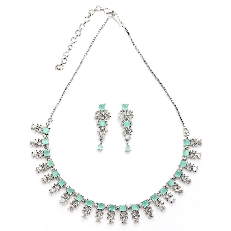 Rhodium Plated Silver Toned Sea Green And White American Diamond Studded Jewellery Set