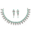 Rhodium Plated Silver Toned Sea Green And White American Diamond Studded Jewellery Set