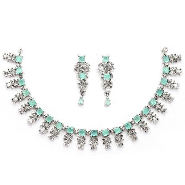 Rhodium Plated Silver Toned Sea Green And White American Diamond Studded Jewellery Set