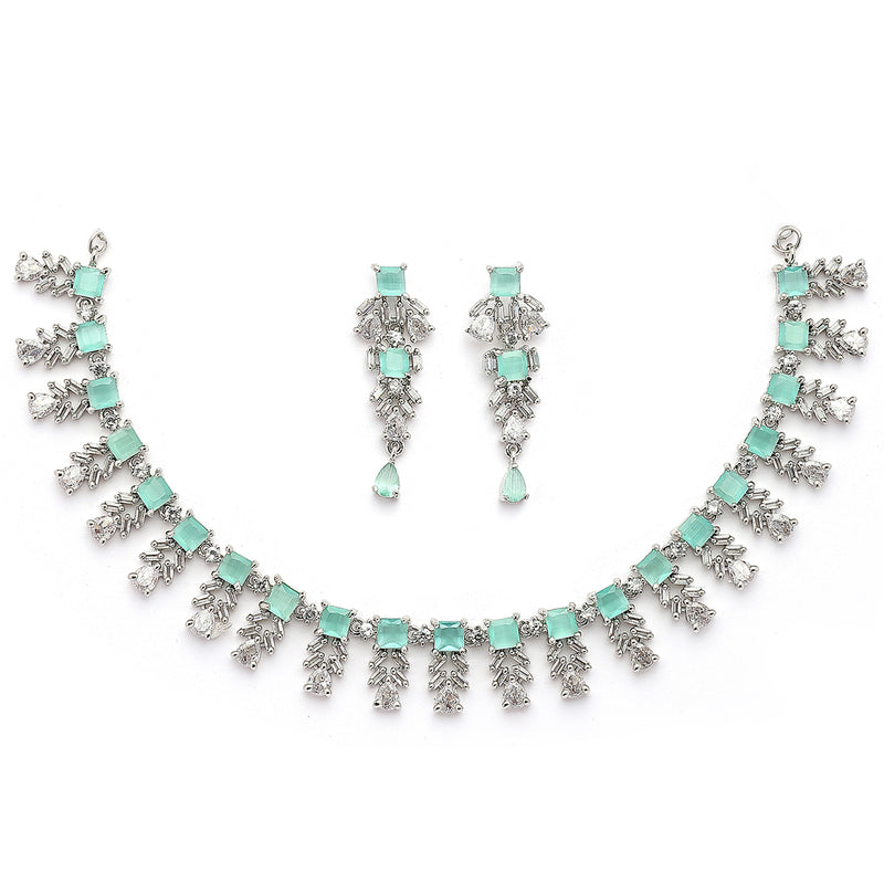Rhodium Plated Silver Toned Sea Green And White American Diamond Studded Jewellery Set