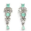 Rhodium Plated Silver Toned Sea Green And White American Diamond Studded Jewellery Set