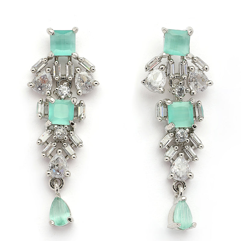 Rhodium Plated Silver Toned Sea Green And White American Diamond Studded Jewellery Set