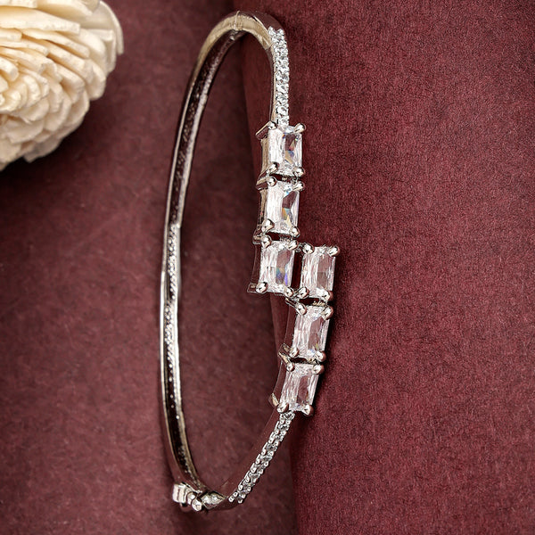 Rhodium Plated Silver Toned White Baguette Cut American Diamond Studded Cuff Bracelet