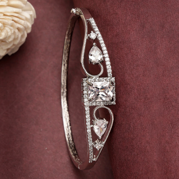 Rhodium Plated Silver Toned White Square & Teardrop American Diamond Studded Cuff Bracelet