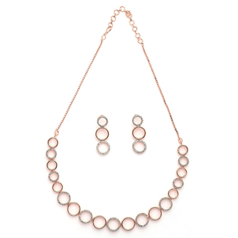 Rose Gold Plated Circular Shaped White American Diamond Studded Jewellery Set