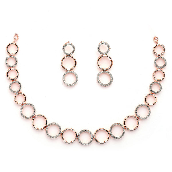 Rose Gold Plated Circular Shaped White American Diamond Studded Jewellery Set