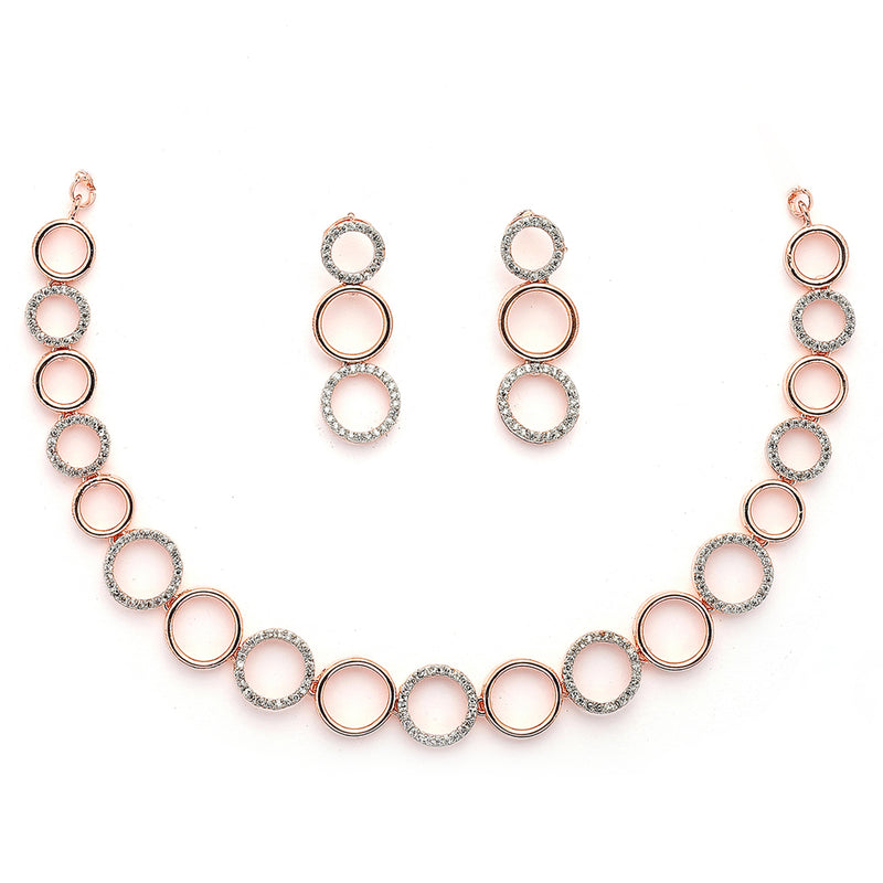 Rose Gold Plated Circular Shaped White American Diamond Studded Jewellery Set