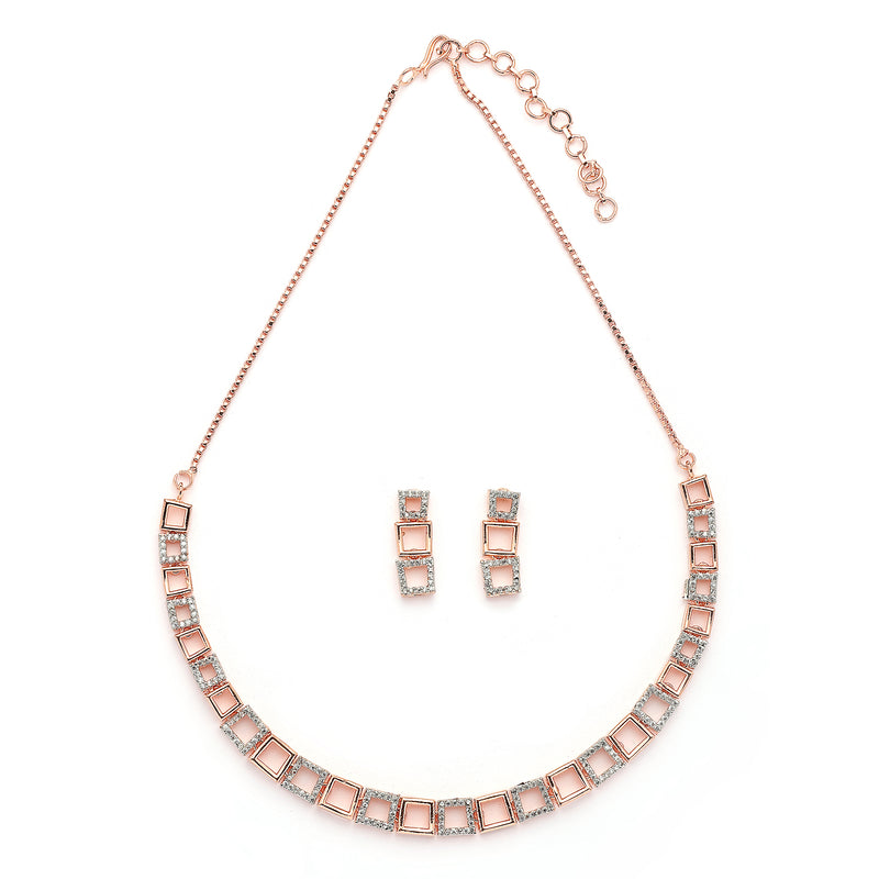 Rose Gold Plated Square Shaped American Diamond Studded Jewellery Set