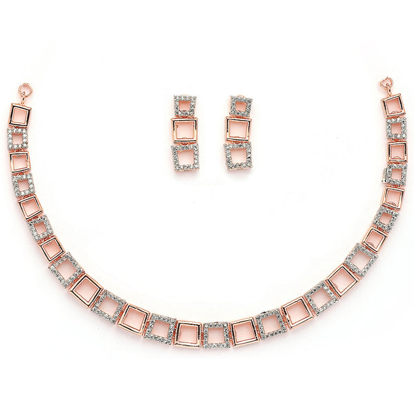 Rose Gold Plated Square Shaped American Diamond Studded Jewellery Set