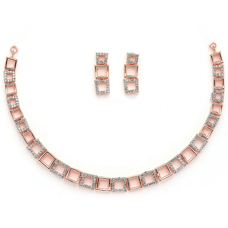 Rose Gold Plated Square Shaped American Diamond Studded Jewellery Set