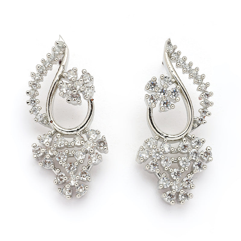 Rhodium Plated Silver Toned Floral Shaped White American Diamond Studded Jewellery Set