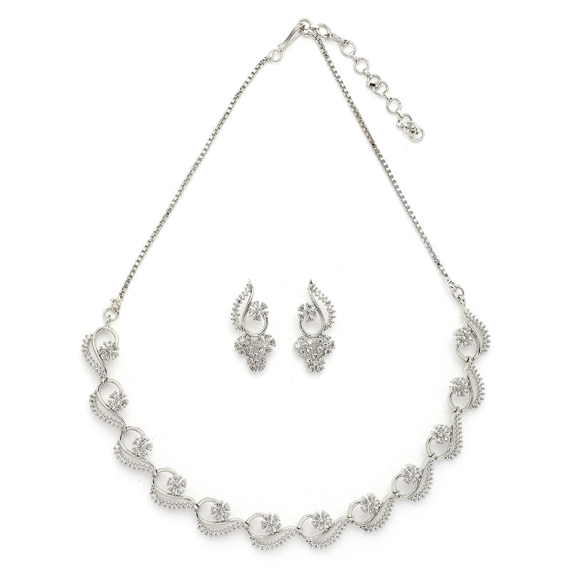 Rhodium Plated Silver Toned Floral Shaped White American Diamond Studded Jewellery Set