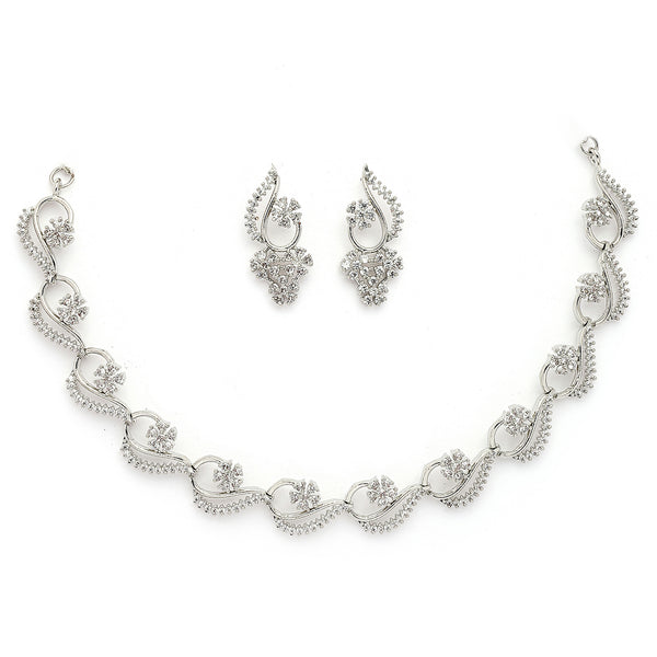 Rhodium Plated Silver Toned Floral Shaped White American Diamond Studded Jewellery Set