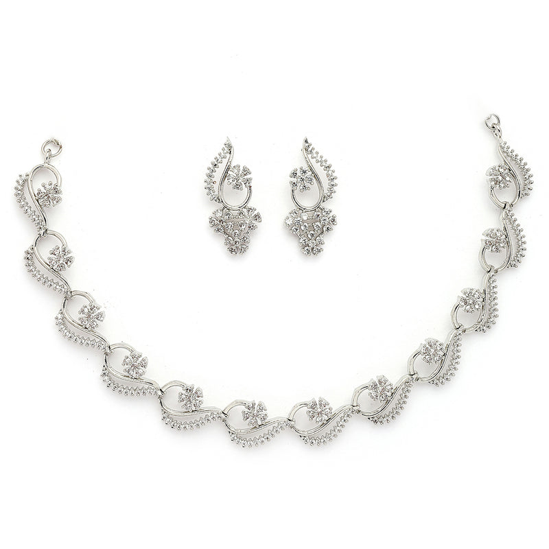 Rhodium Plated Silver Toned Floral Shaped White American Diamond Studded Jewellery Set