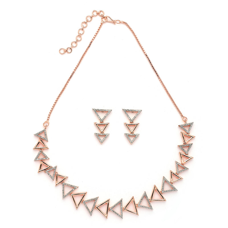 Rose Gold Plated Triangular Shaped White American Diamond Studded Jewellery Set