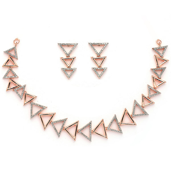 Rose Gold Plated Triangular Shaped White American Diamond Studded Jewellery Set