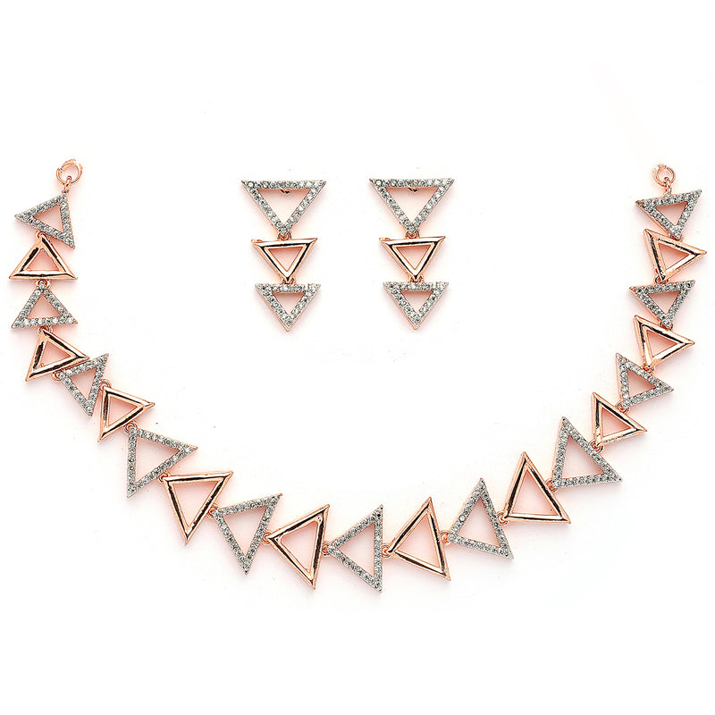 Rose Gold Plated Triangular Shaped White American Diamond Studded Jewellery Set