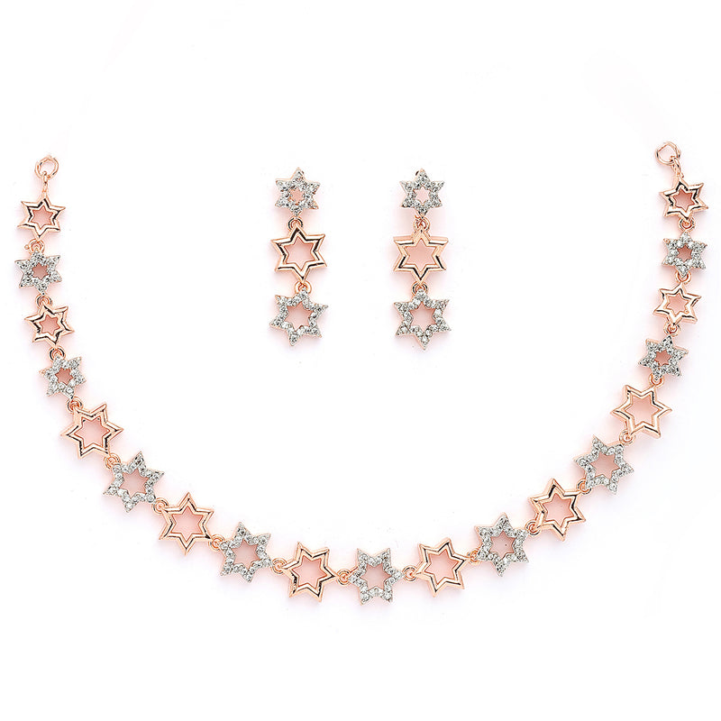 Rose Gold Plated Star Shaped White American Diamond Studded Jewellery Set