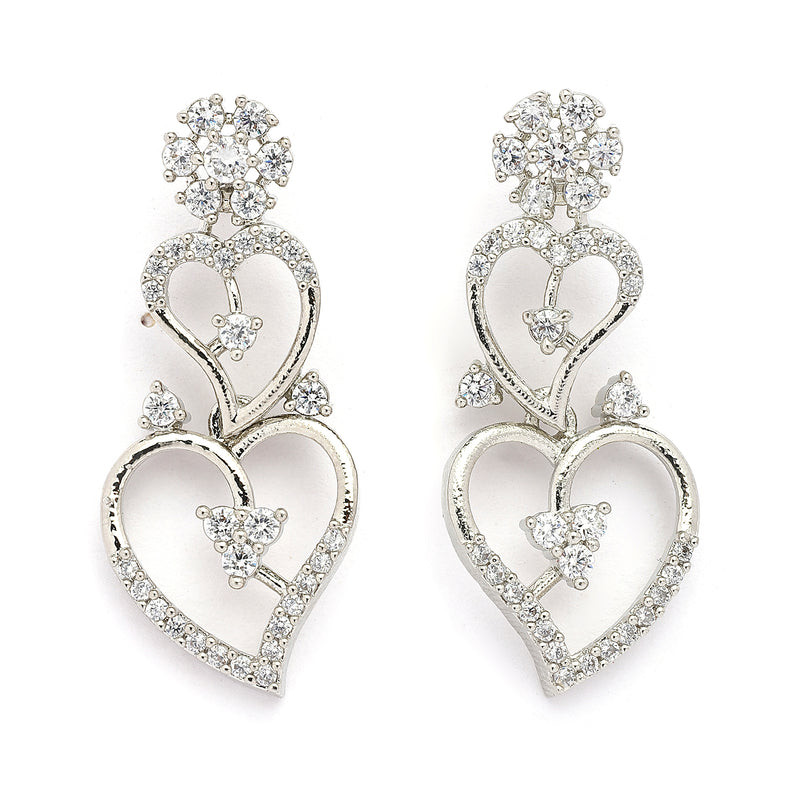 Rhodium Plated Silver Toned Heart Shaped White American Diamond Studded Jewellery Set