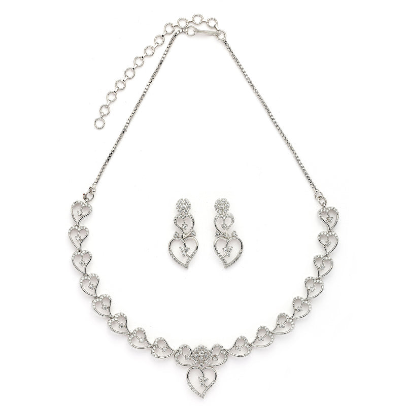 Rhodium Plated Silver Toned Heart Shaped White American Diamond Studded Jewellery Set