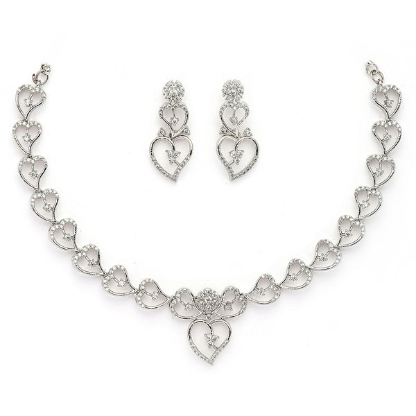 Rhodium Plated Silver Toned Heart Shaped White American Diamond Studded Jewellery Set