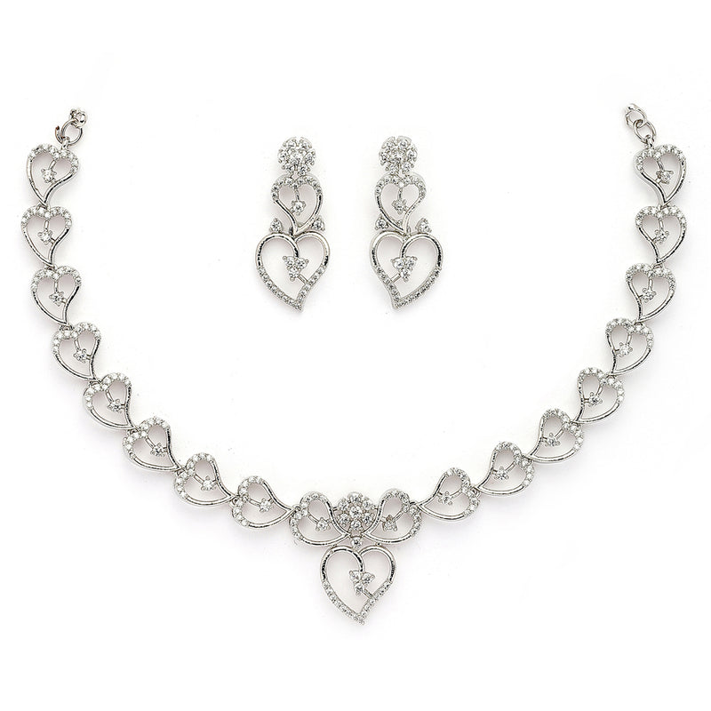 Rhodium Plated Silver Toned Heart Shaped White American Diamond Studded Jewellery Set