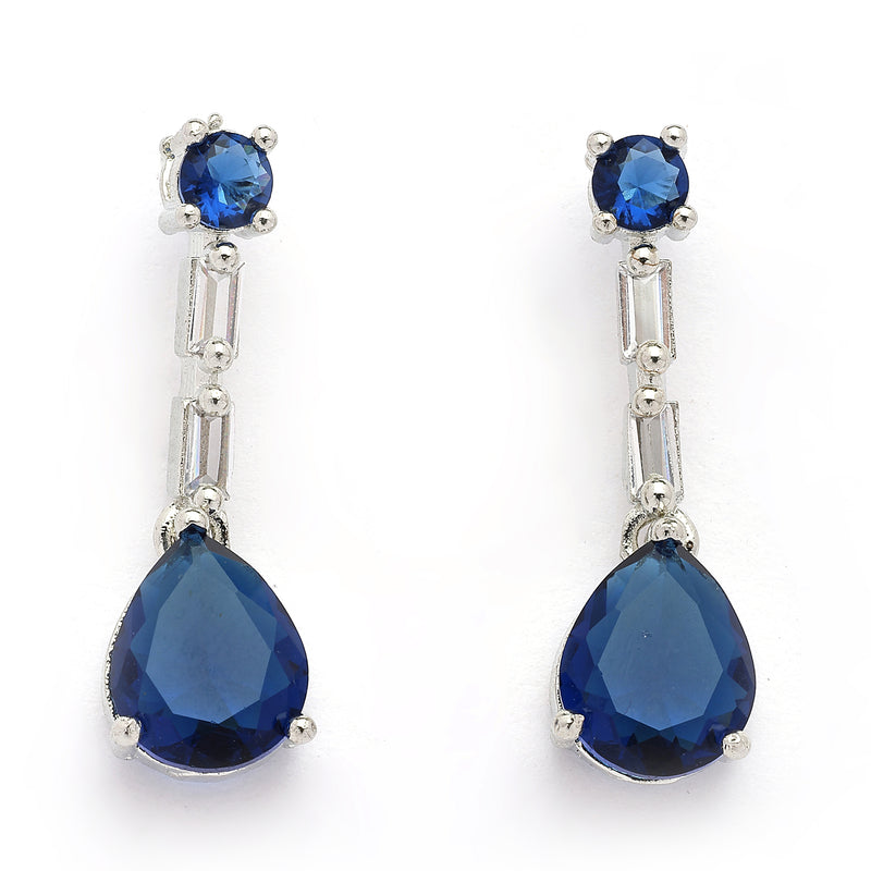 Rhodium Plated Silver Toned Teardrop Shaped Blue & White American Diamond Studded Jewellery Set