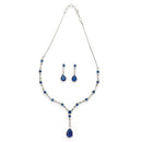 Rhodium Plated Silver Toned Teardrop Shaped Blue & White American Diamond Studded Jewellery Set