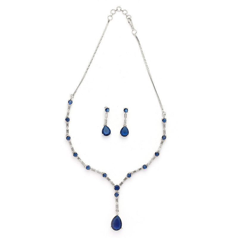 Rhodium Plated Silver Toned Teardrop Shaped Blue & White American Diamond Studded Jewellery Set