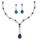 Rhodium Plated Silver Toned Teardrop Shaped Blue & White American Diamond Studded Jewellery Set
