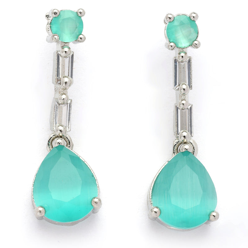 Rhodium Plated Silver Toned Teardrop Shaped Sea Green & White American Diamond Studded Jewellery Set