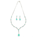 Rhodium Plated Silver Toned Teardrop Shaped Sea Green & White American Diamond Studded Jewellery Set