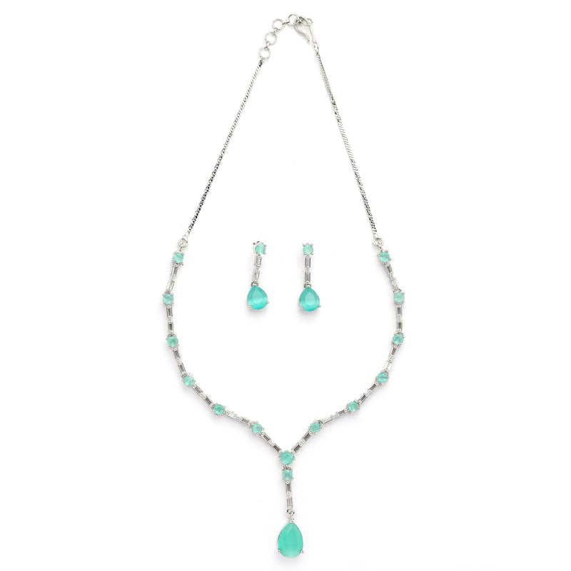 Rhodium Plated Silver Toned Teardrop Shaped Sea Green & White American Diamond Studded Jewellery Set