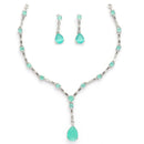 Rhodium Plated Silver Toned Teardrop Shaped Sea Green & White American Diamond Studded Jewellery Set