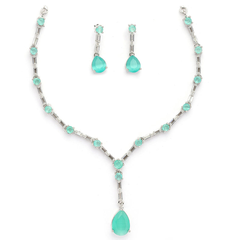 Rhodium Plated Silver Toned Teardrop Shaped Sea Green & White American Diamond Studded Jewellery Set