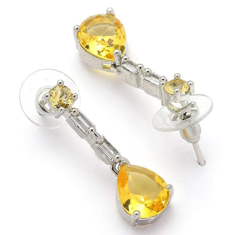 Rhodium Plated Silver Toned Teardrop Shaped Yellow & White American Diamond Studded Necklace With Earrings Jewellery Set