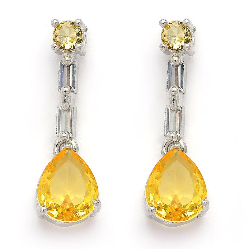 Rhodium Plated Silver Toned Teardrop Shaped Yellow & White American Diamond Studded Necklace With Earrings Jewellery Set