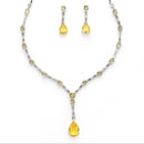 Rhodium Plated Silver Toned Teardrop Shaped Yellow & White American Diamond Studded Necklace With Earrings Jewellery Set