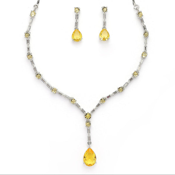 Rhodium Plated Silver Toned Teardrop Shaped Yellow & White American Diamond Studded Necklace With Earrings Jewellery Set