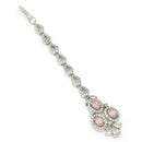 Rhodium Plated Silver Toned Pink & White American Diamond Studded Maang Tikka