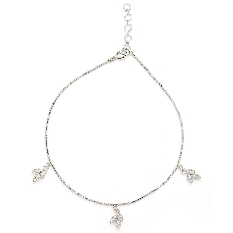 Rhodium Plated Silver Toned White Cubic Zirconia Studded Leaf Charm Anklet