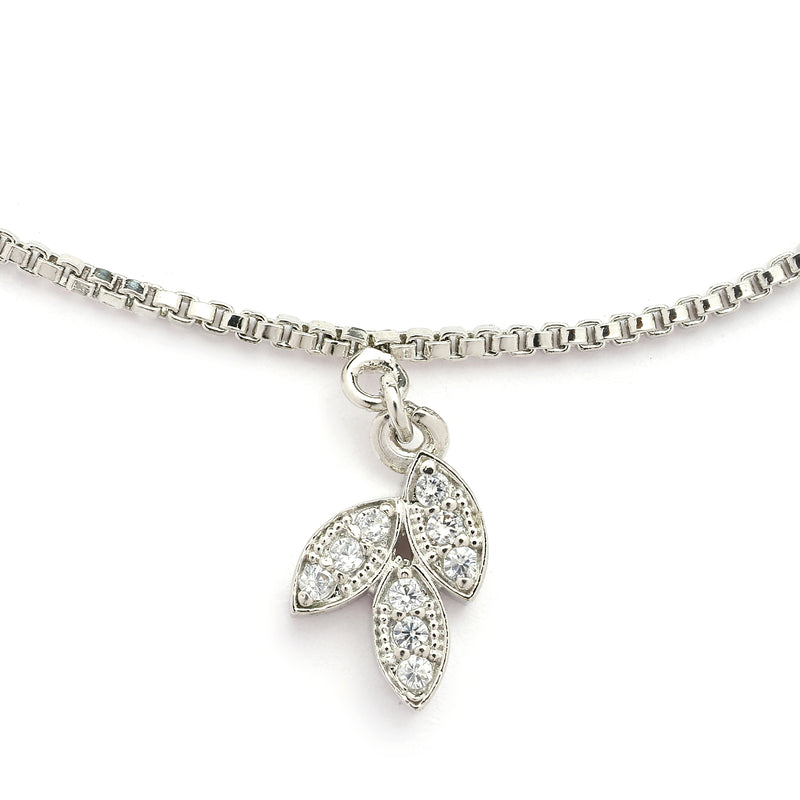 Rhodium Plated Silver Toned White Cubic Zirconia Studded Leaf Charm Anklet