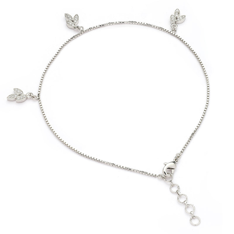 Rhodium Plated Silver Toned White Cubic Zirconia Studded Leaf Charm Anklet