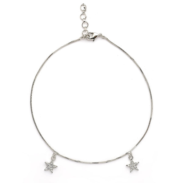 Rhodium Plated Silver Toned White Cubic Zirconia Studded Star Charm Anklet